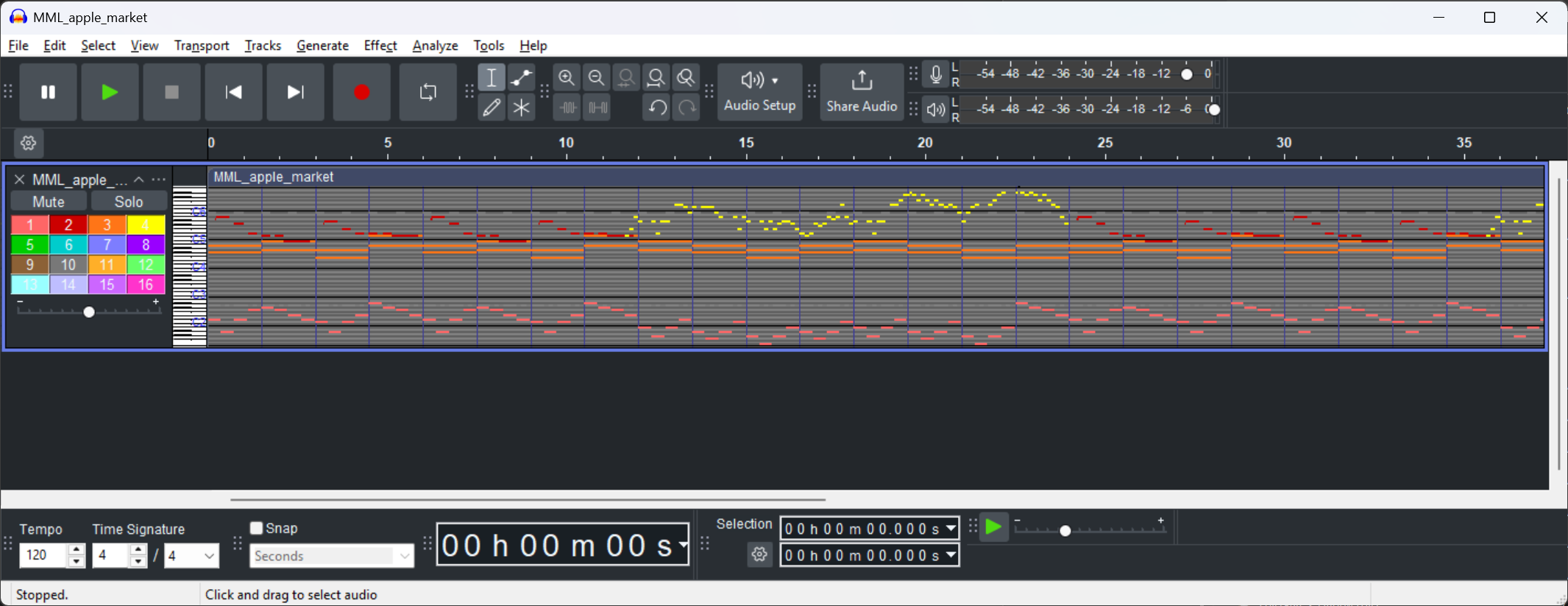 Audacity with a MIDI file imported inside. The MIDI tracks are visualized in a horizontal timeline.