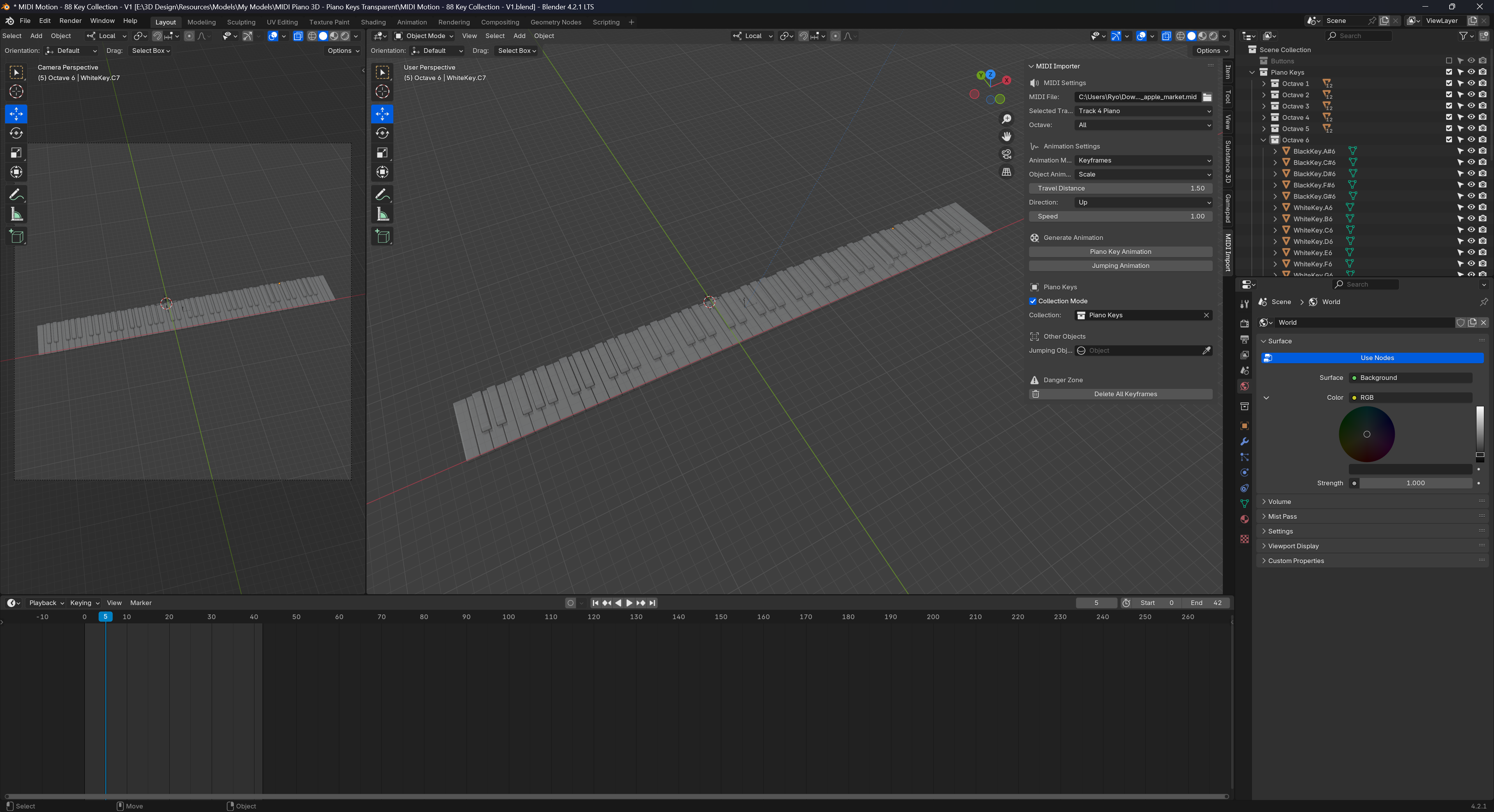 The example file open in Blender with a 88 3D black and white piano keys