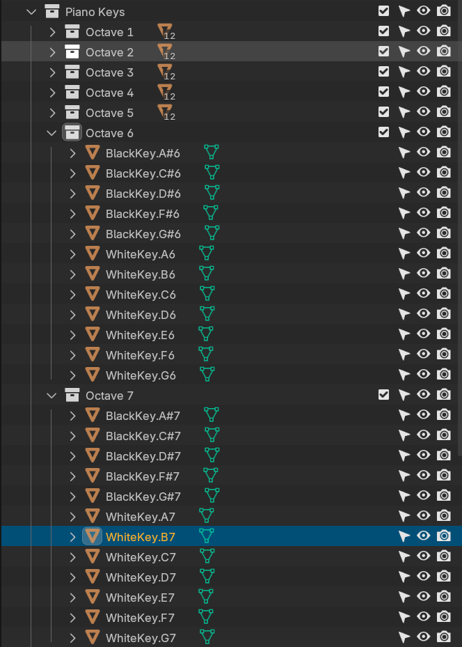 Blender&#39;s Outliner with a collection called Piano Keys containing a list of objects named WhiteKey and BlackKey with note names appended to the end.