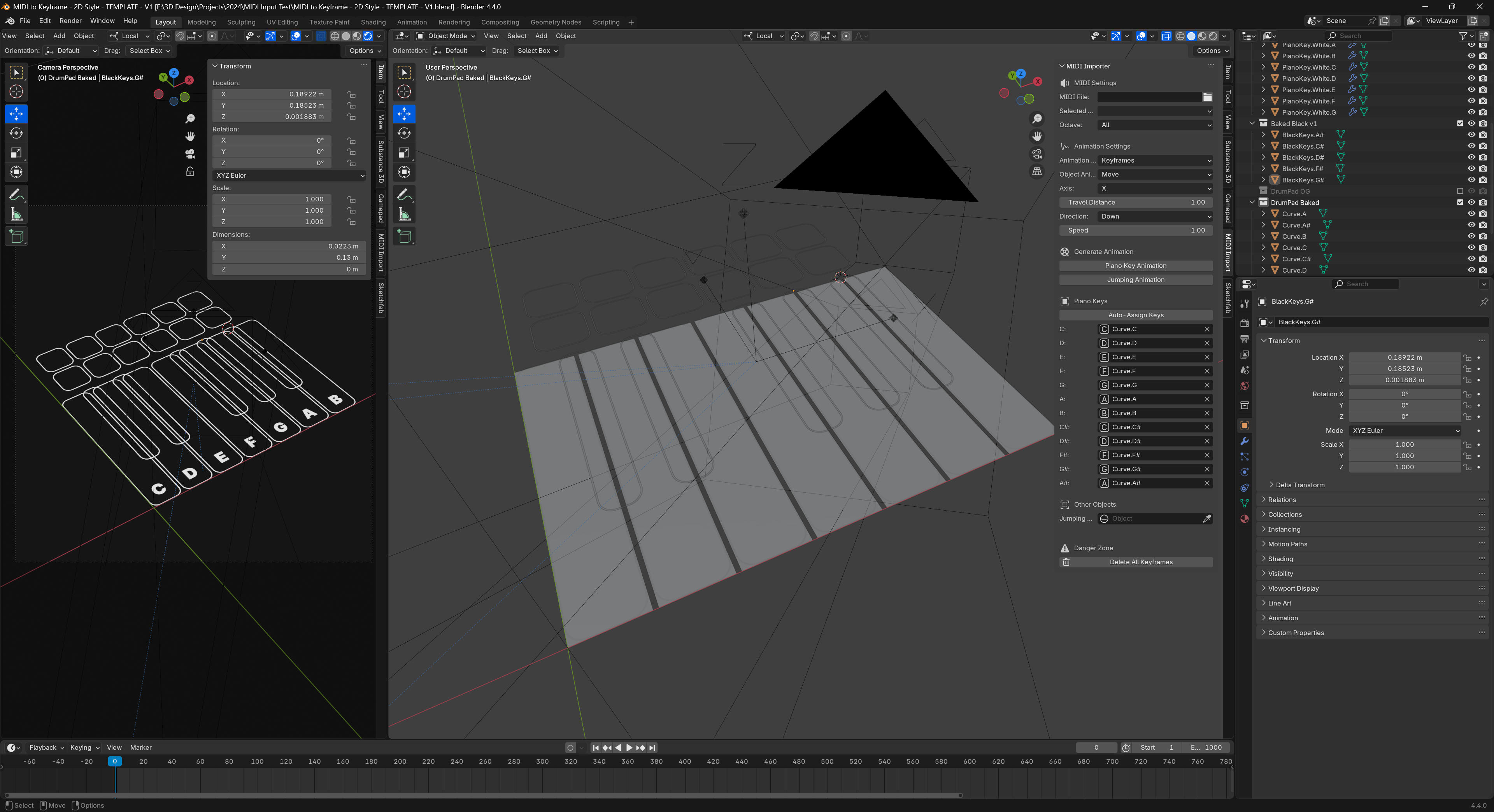 The 2D example open in Blender. A single set of piano keys and MIDI drum pad buttons made to look like 2D rounded boxes are centered in viewport.