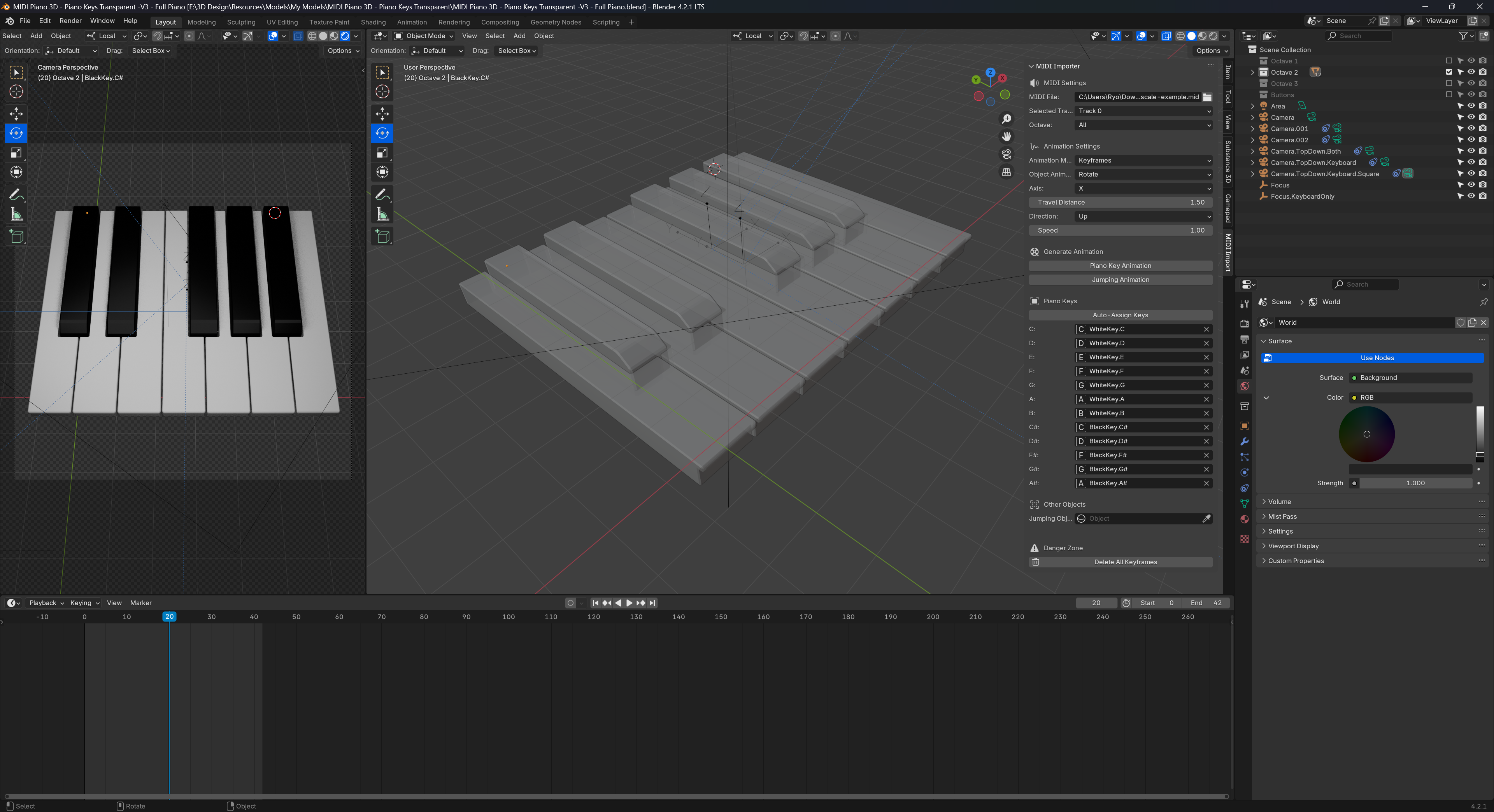 The 3D example open in Blender. A single set of white and black 3D piano keys are centered in viewport.