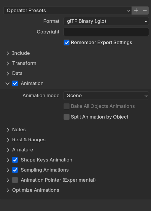 The Blender GLTF export panel with the settings above applied