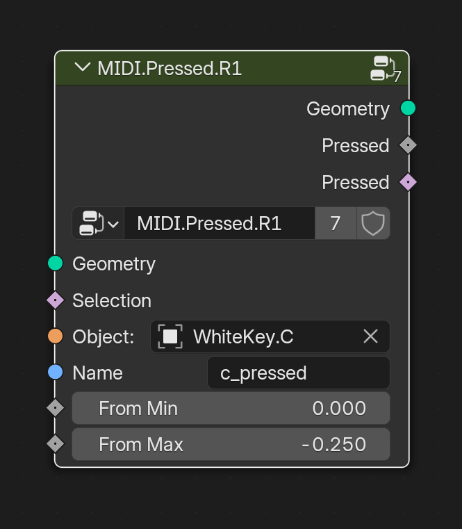 A custom geometry node group for detecting MIDI key presses