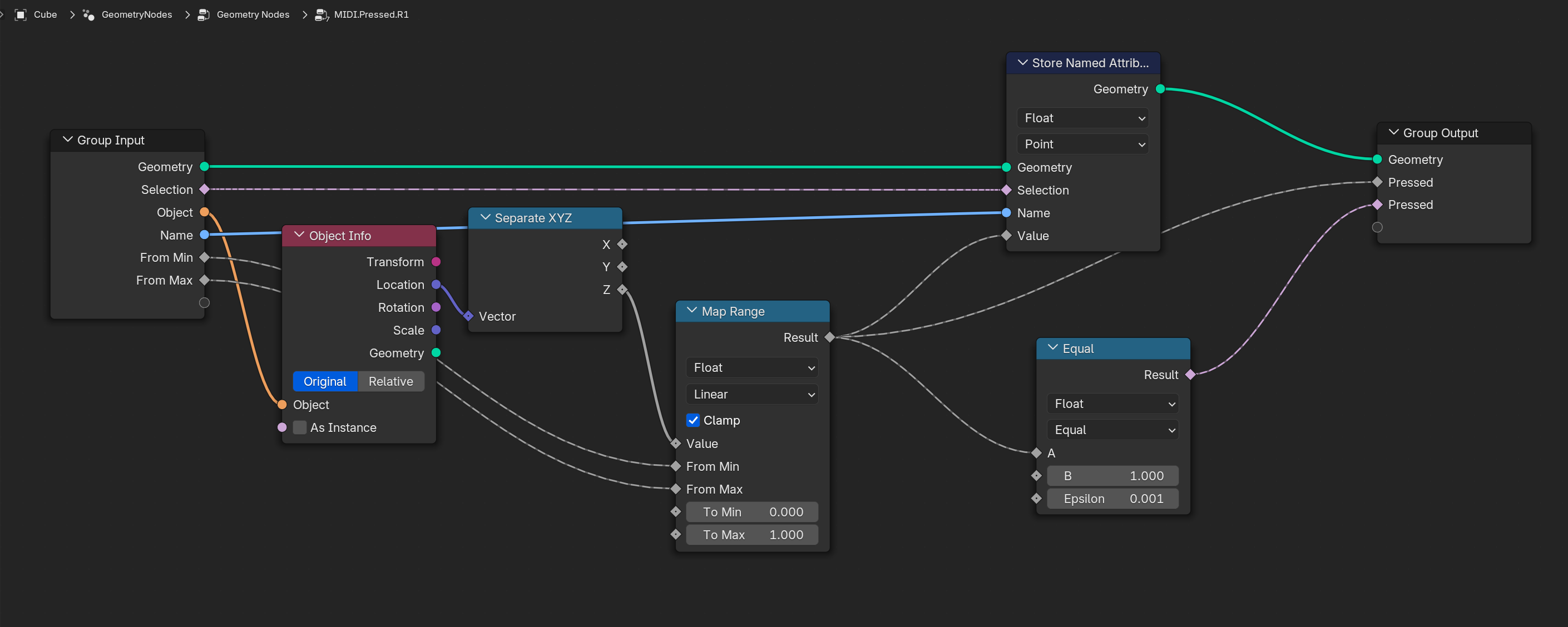 A custom geometry node group for detecting MIDI key presses