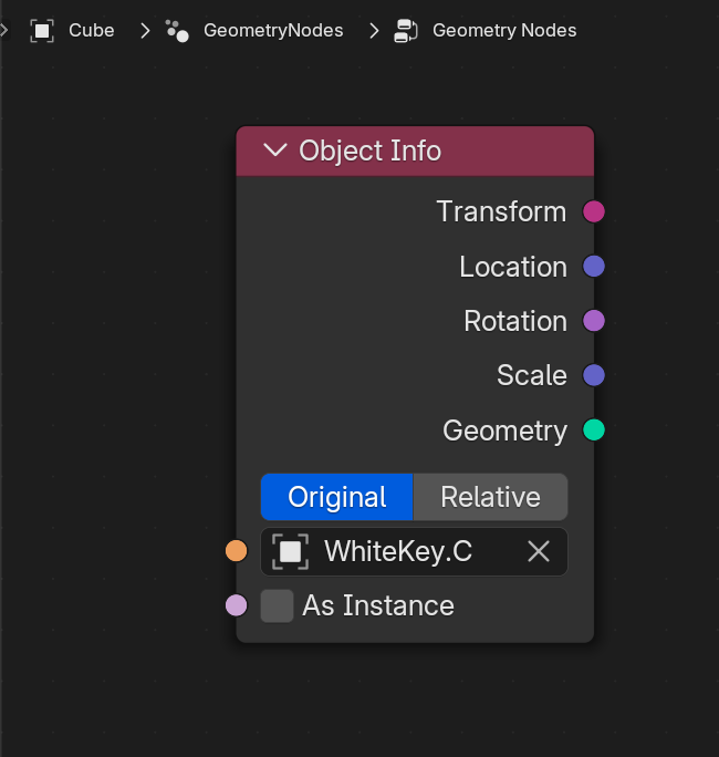 The Object Info node in the geometry node graph with the C piano key object selected