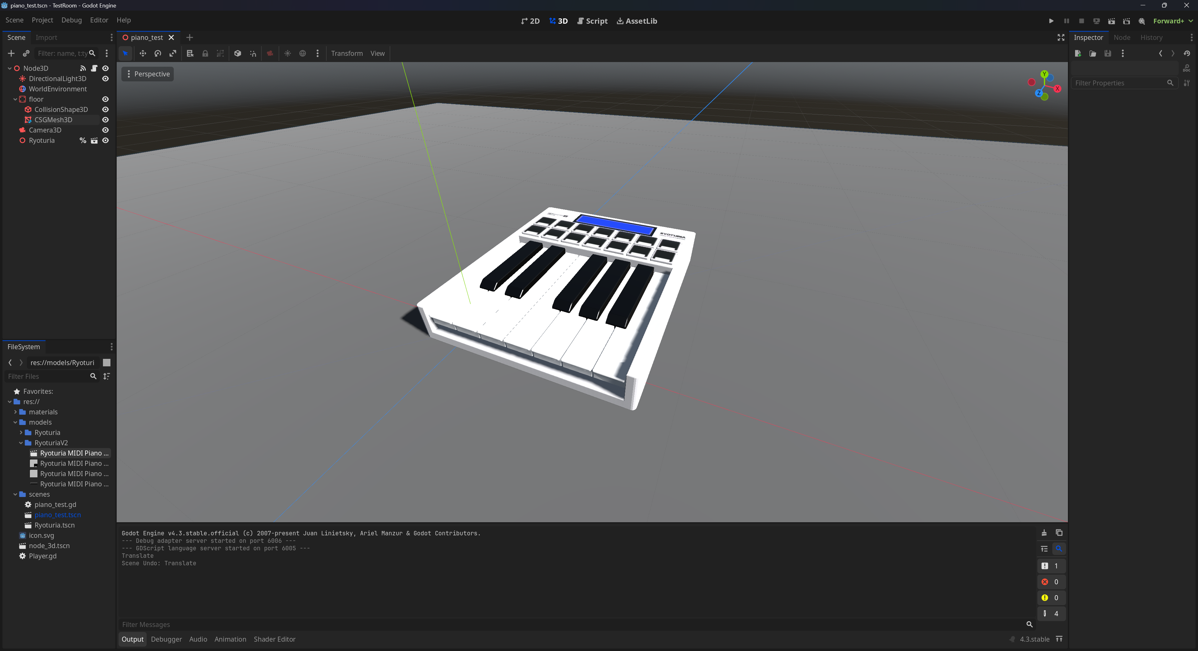 A MIDI piano imported from a GLTF file in the Godot viewport