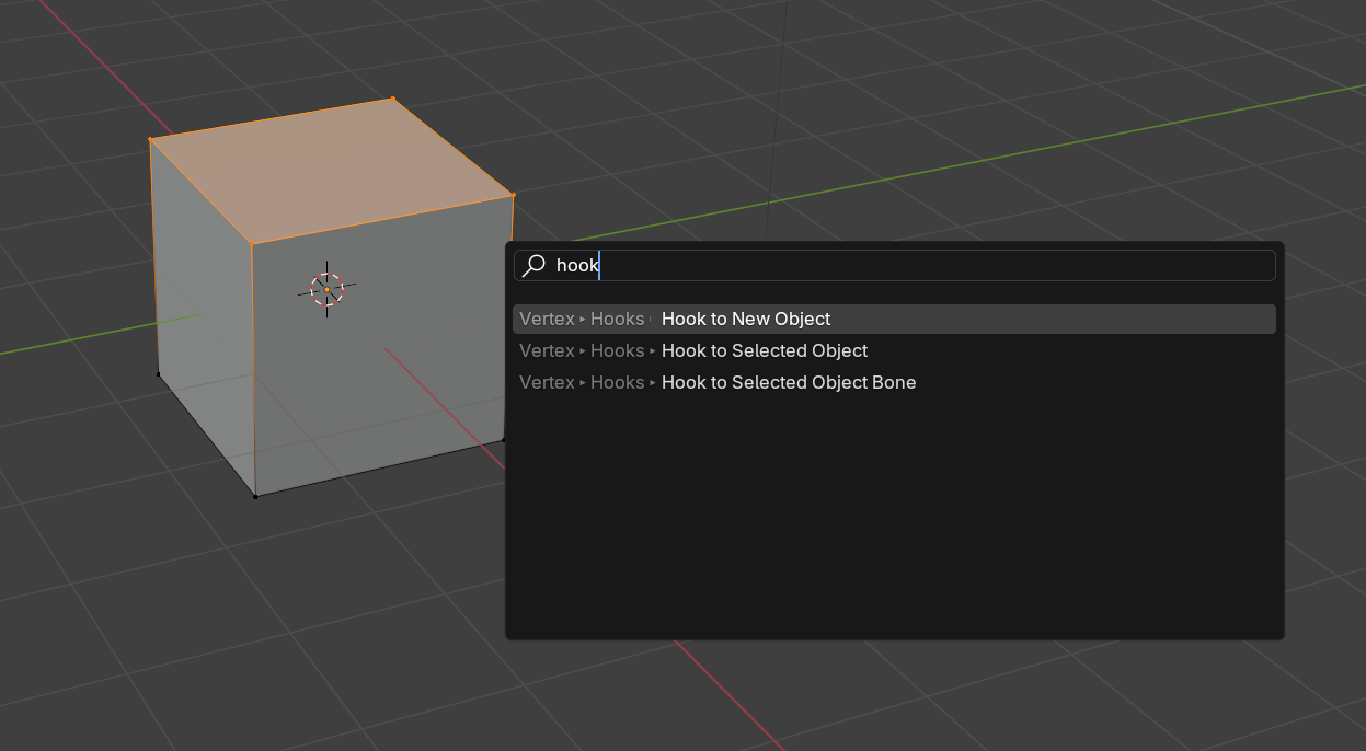 A cube with vertices selected and the popup search showing Hook to new object