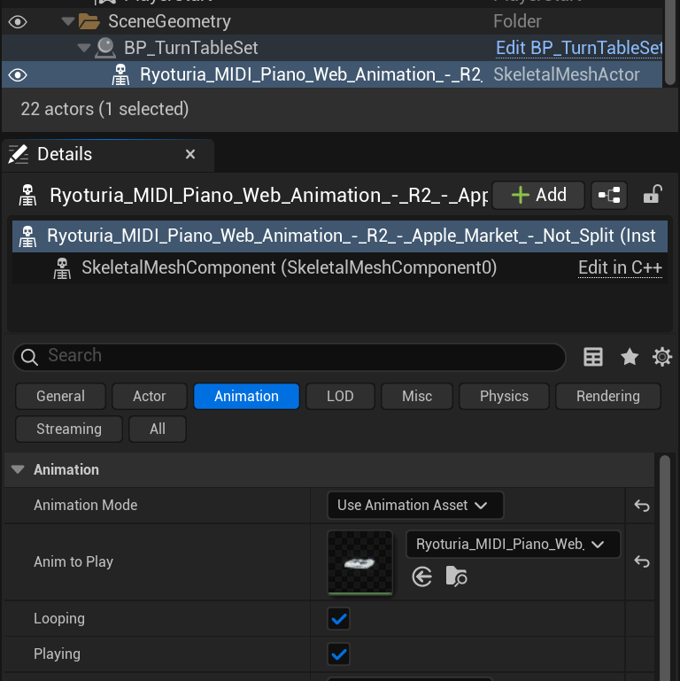 The properties panel of a Skeletal Mesh in Unreal Engine with the Animation properties filtered to show the Animation Mode and Anim to Play props