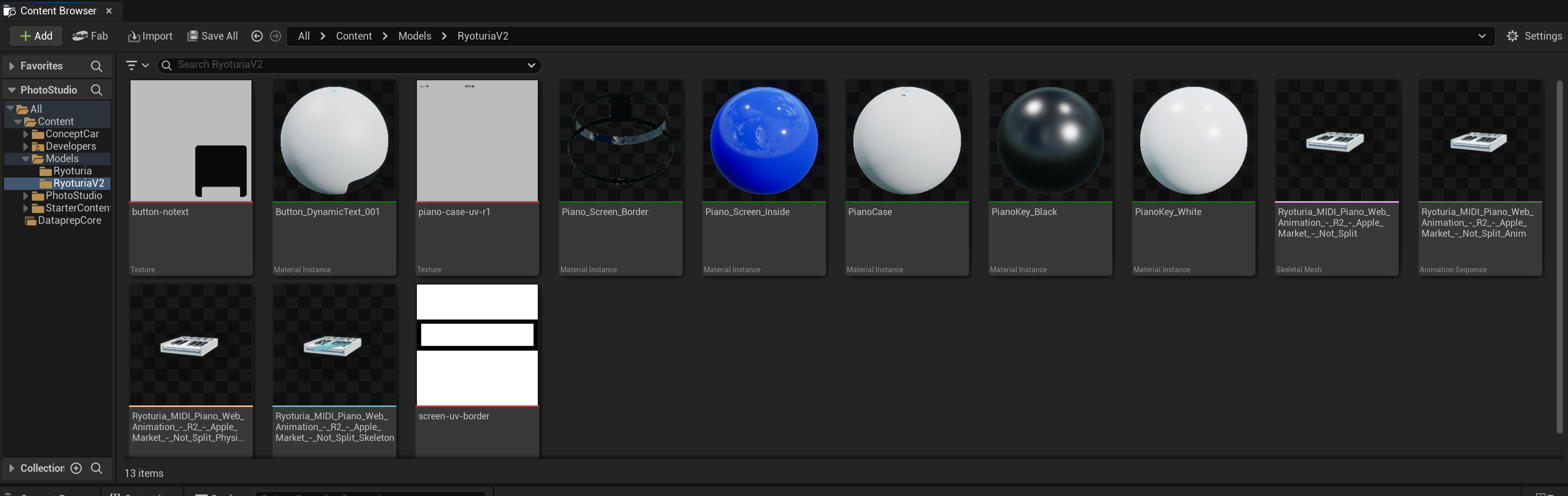 A MIDI piano imported from a GLTF file in the Unreal Engine content browser panel with it&#39;s various textures and components converted into Unreal assets