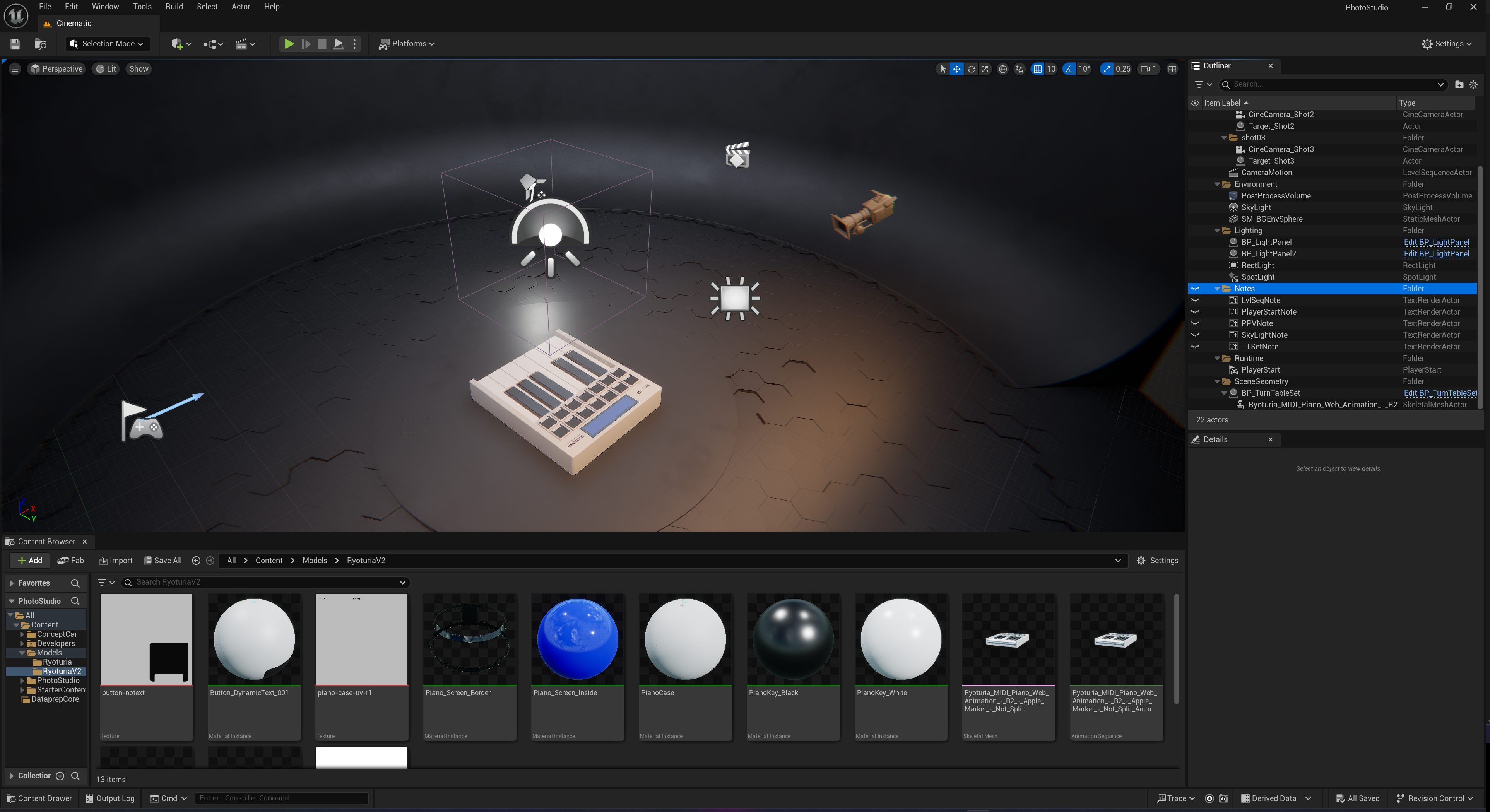 A MIDI piano imported from a GLTF file in the Unreal Engine viewport